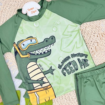 Linha Praia - Blusa com Proteção UV50 Crocodilo + e Sunga - Verde Musgo 